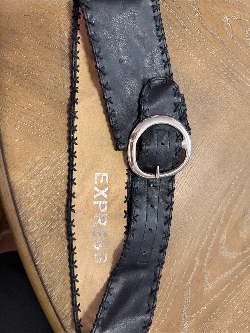 Express Black Leather Belt with Silver Oval Buckle